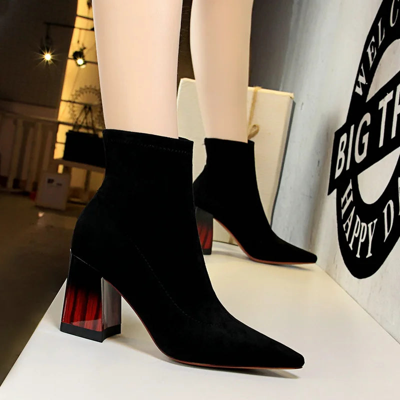 Woman Ankle Length Flock Boots Women Fashion Pointed Toe High Heel Shoes Winter Ankle Boots Ladies Shoes 1718-2