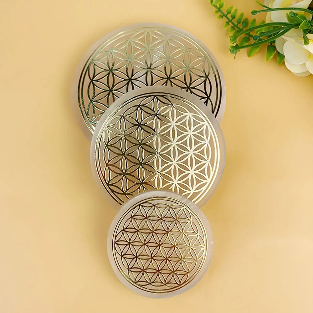 Natural Selenite Slice Slab Flower of LIfe Gold Pattern Healing Energy Charging Plate For Cleansing Fengshui Meditation 7 Chakra