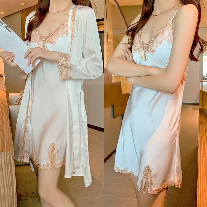 Lace Patchwork 5PCS Sleepwear Nightgown Kimono Bathrobe Gown Satin Lady Nighty&Robe Suit Sexy Home Clothes White Wedding Robe