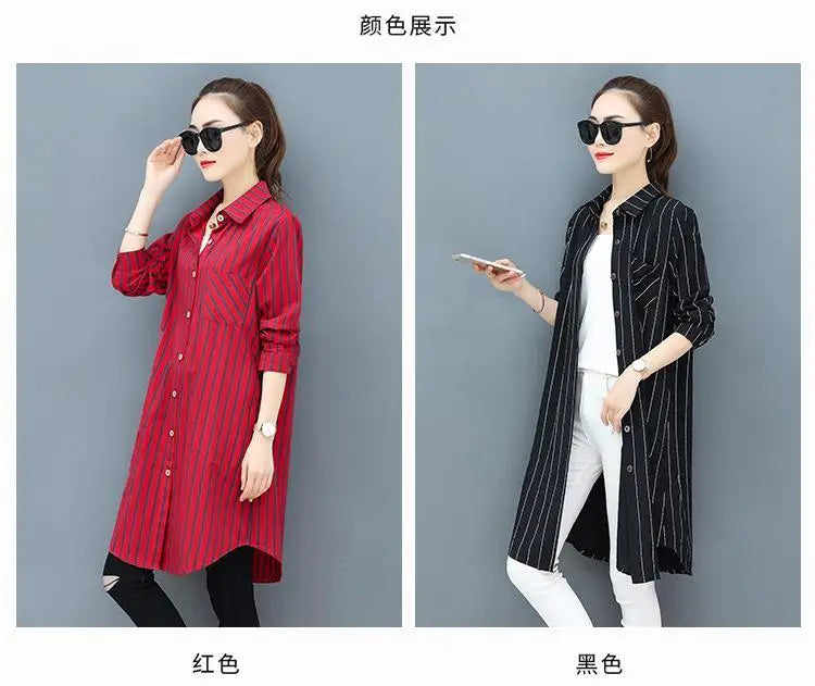 Casual Korean Midi Striped Print Shirt for Female Turn-down Collar Single-breasted Fashion Long Sleeve Blouse Women's Clothing