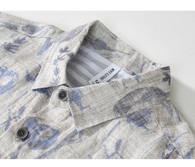 Summer New Printed 100% Linen Short Sleeve Shirts for Men Slim Thin Streetwear Men Clothing BL996