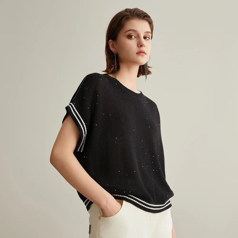 BC656 Western Style Luxury Brand Women's Clothing Summer Sequin Ladies Knitted Pullover 100% Linen Sweaters For Women