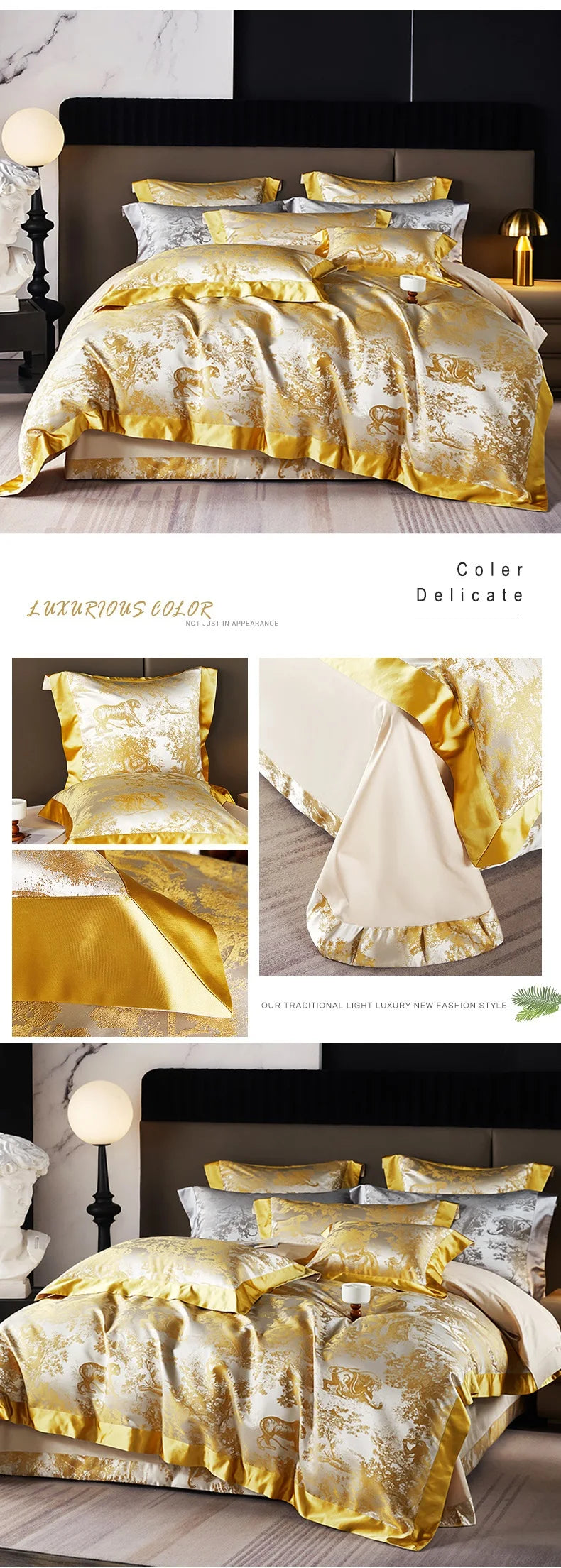 Luxury Golden Brocade Jacquard Cotton Bedding Set Duvet Cover Linen Fitted Sheet Pillowcases Home Textile