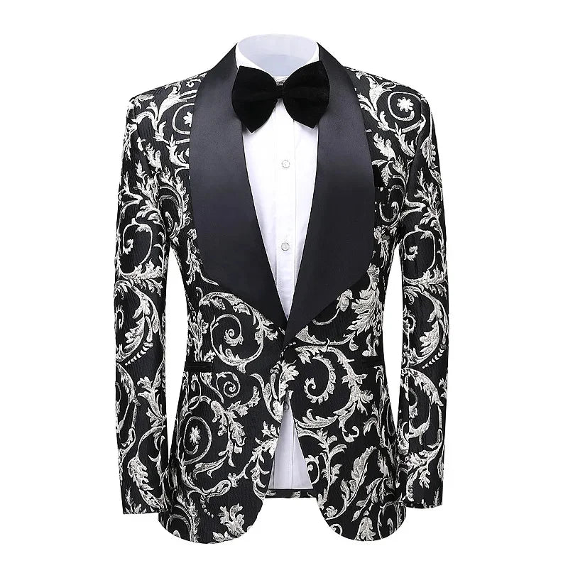 2-Piece Men's Printed Single Row One Button Suit Slim Korean Formal Dress For Groomsmen Wedding Clothing (Blazer+Pants)