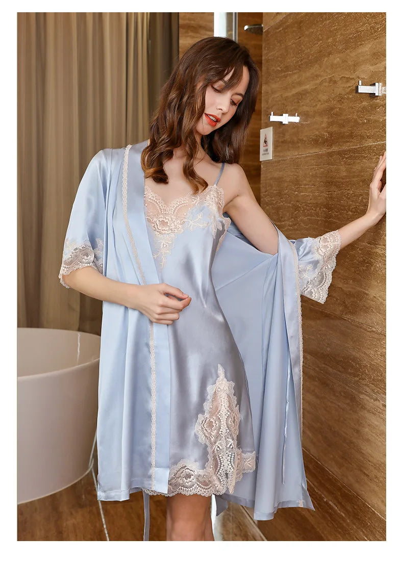 19 momme Pure Silk Lace Chemise Nightgown and Robe Set Ladies Two-Piece Luxury Satin Home Suit for Women Sexy Silk Pajamas Woman