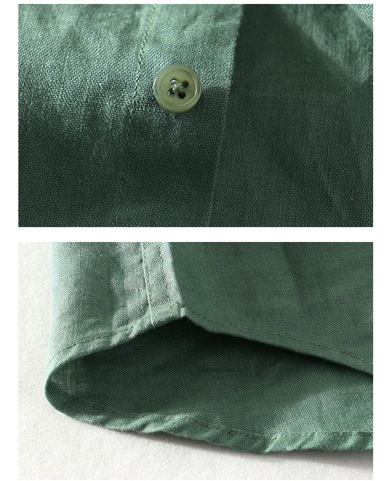 923 100% Linen Men's Summer Fashion Shirt High Quality Solid Color Simple Casual Short Sleeve Blouses Basic Thin Breathable Tops
