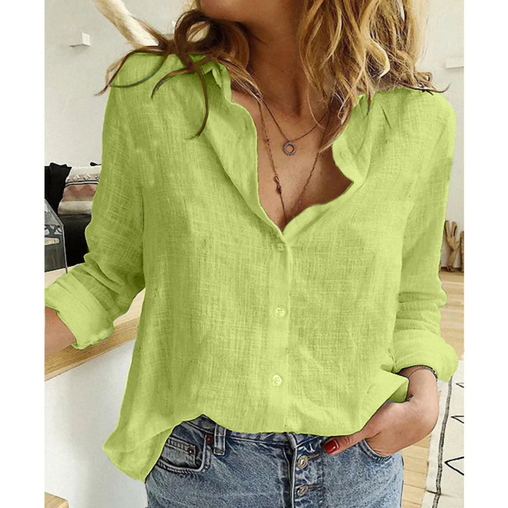 S-5XL Oversized Women Loose Cotton Linen Blouse Summer Fashion Lady Turn Down Collar Long Sleeve Solid Shirt Tops WYLP-D0002