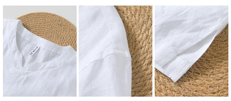 Summer New 100% Linen Short Sleeve T Shirt for Men Casual Thin Solid Color Slim Men Clothing BL998