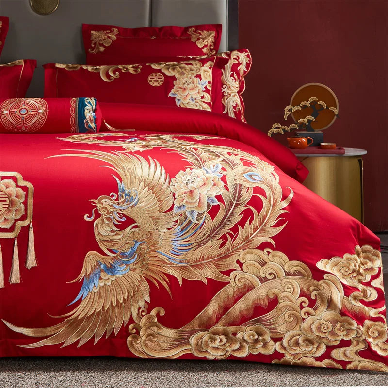 Luxury Gold/Red Loong Phoenix Embroidery Chinese Wedding Tassels Egyptian Cotton Bedding Set Duvet Cover Bed Sheet Pillowcases