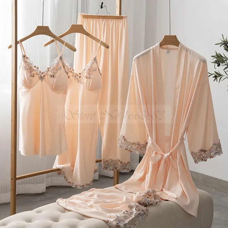 Spring Summer 5PCS PAJAMAS SET Sexy Lace Trim Bath Robe Nightgown Female Satin Cami Pijamas Suit Loose Home Clothes Lounge wear