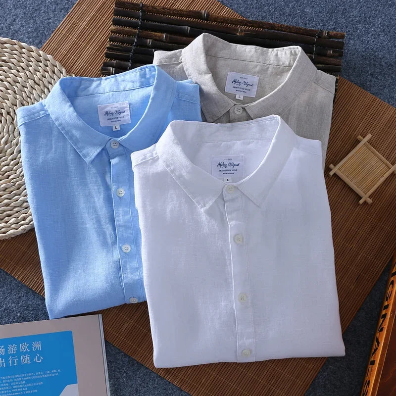 Schinteon 100% Linen Summer Casual Shirt Men Breathable Turn-down Collar Short Sleeved Pullover Shirt Comfortable New