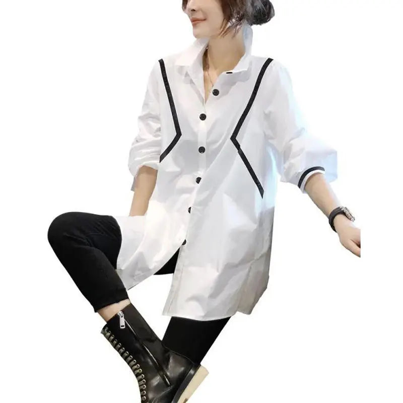 Commute Korean Loose Shirt Female Clothing Single-breasted 2024 Spring Autumn Casual Lapel Fashion Bright Line Decoration Blouse