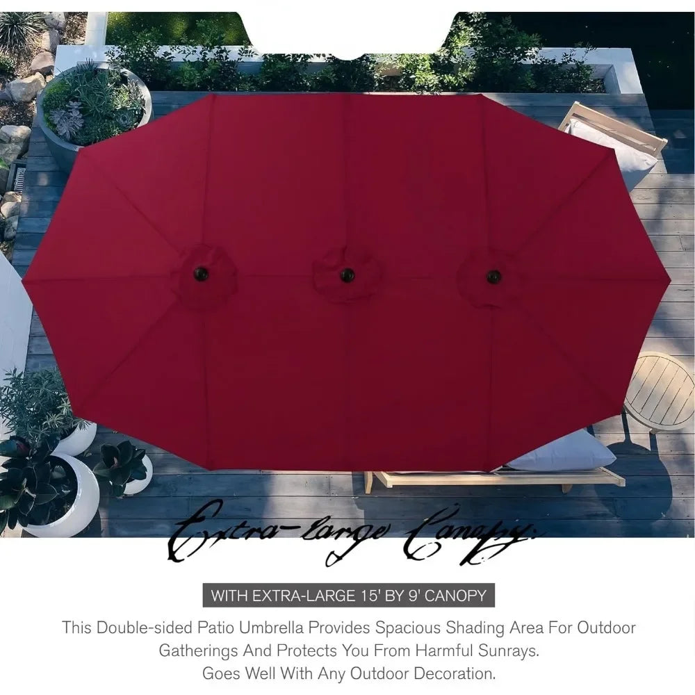 15 ft Extra Large Patio Umbrella with Solar Lights, Rectangular Outdoor Umbrella with Base Included,  Dark Red