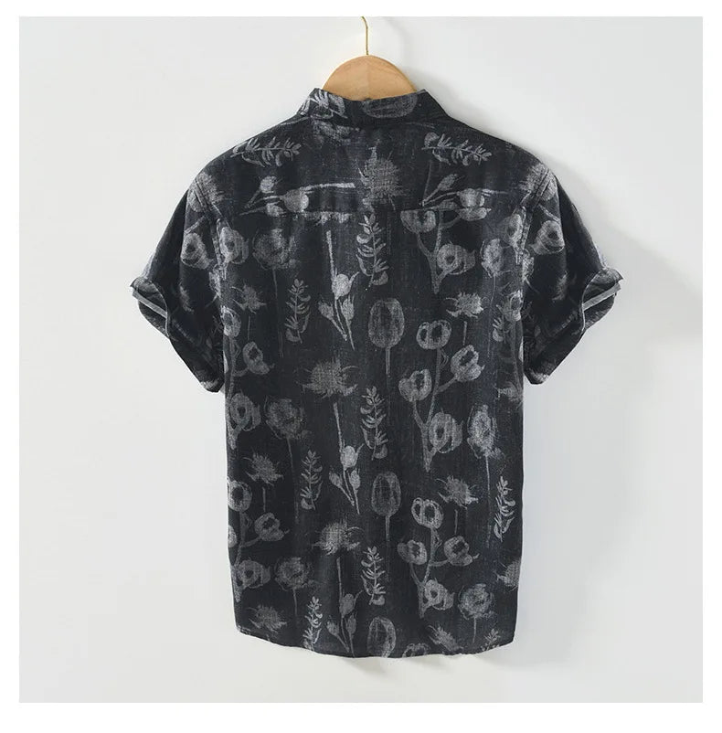 Summer New Printed 100% Linen Short Sleeve Shirts for Men Slim Thin Streetwear Men Clothing BL996