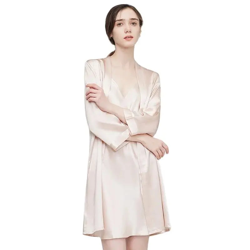 Birdtree 19MM 100%Real Silk Sleeping Robe Sling Dress, Sexy Elegant Women Fashion Night-robe Sets, V Neck Sleepwear S43918QM