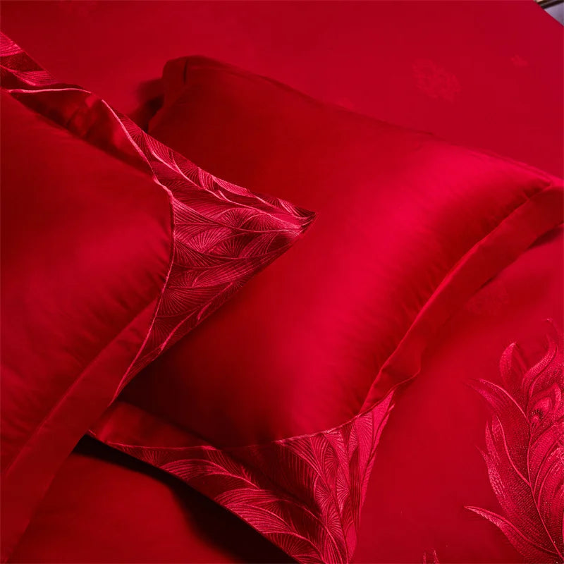 Pink Luxury Chinese Style Wedding Bedding Set Satin Jacquard Egyptian Cotton Peony Embroidery Duvet Cover Bed Sheet Pillowcases