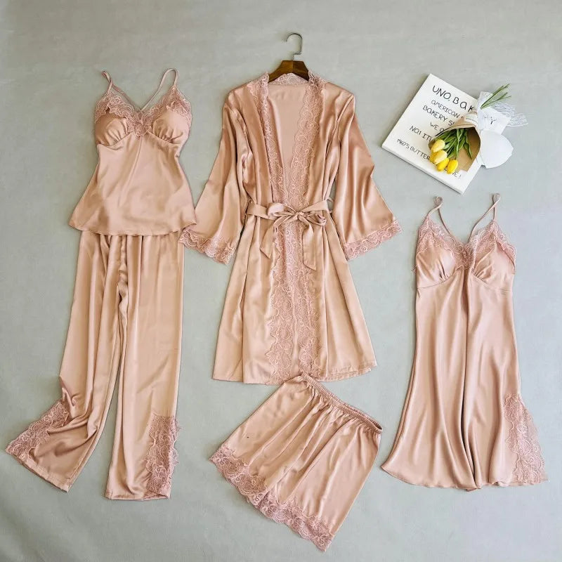 Wedding Bridesmaid Team Pajamas Set Lace Patchwork Home Clothes Ice Silk Pyjamas Suit Women Sleepwear Sexy Cami Top&pants
