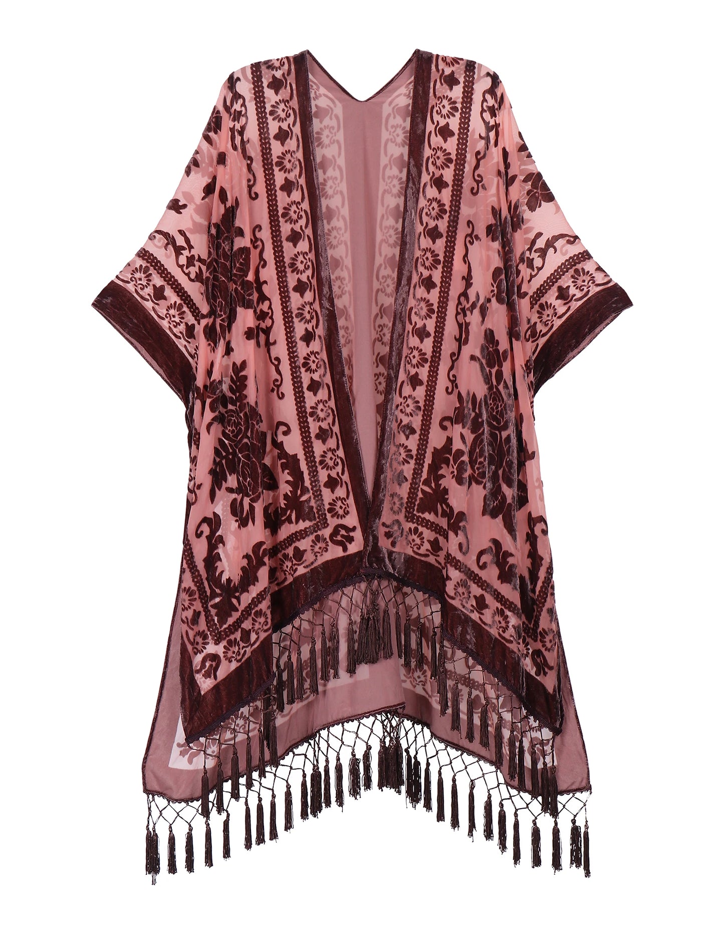 WeHello Burnout Velvet Kimono For Women Luxury Fashion Long Cardigan With Tassel Beach Cover-up Holiday Cardigan Shawl