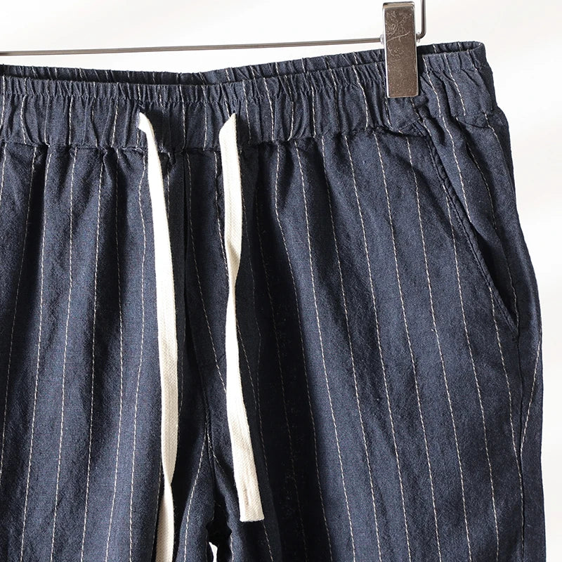 Cotton and Linen Comfortable Men's Fashion Trend Summer Pure Straight Stripe Thin Breathable Solid Color Loose Casual Pants