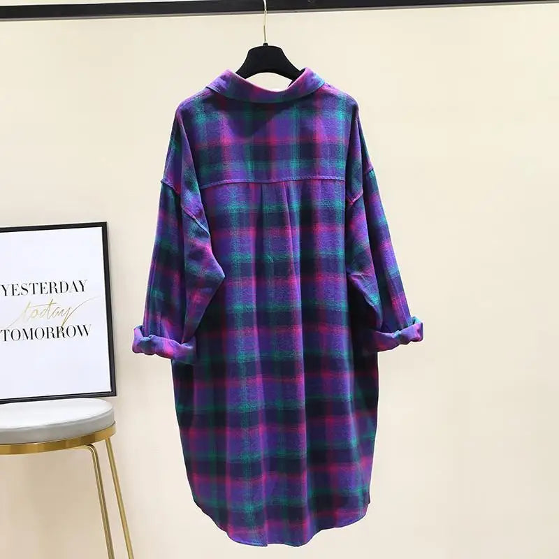Fashion Women's Blouses Contrasting Colors Plaid Polo-Neck Shirt Female 2022 Autumn Korean Loose Long Sleeve Casual Pockets Tops