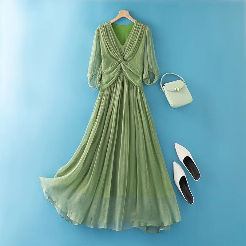 Tcyeek 100% Mulberry Silk Dress Women Clothes Fashion Summer Dresses 2024 Elegant and Pretty Women's Dresses Waist Vestido Mujer