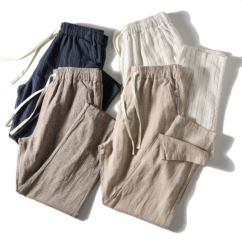 Cotton and Linen Comfortable Men's Fashion Trend Summer Pure Straight Stripe Thin Breathable Solid Color Loose Casual Pants