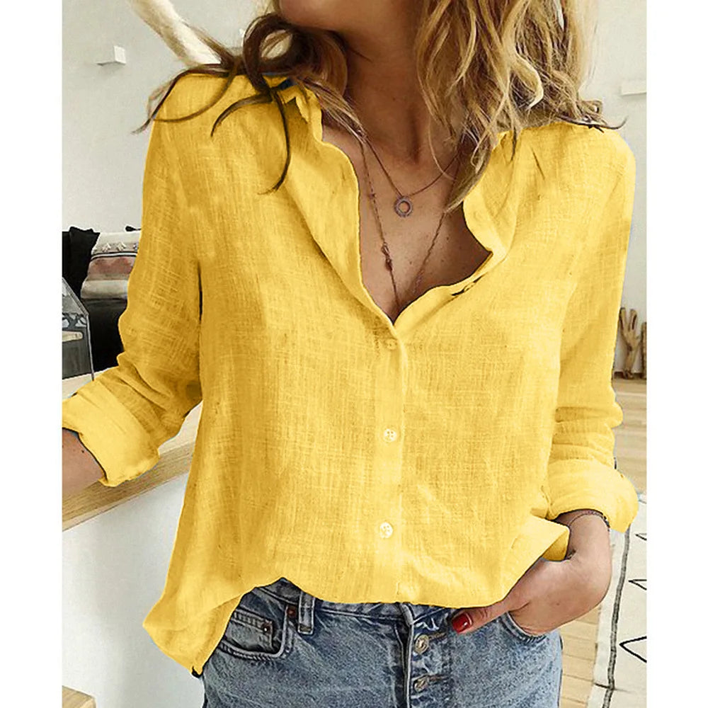 S-5XL Oversized Women Loose Cotton Linen Blouse Summer Fashion Lady Turn Down Collar Long Sleeve Solid Shirt Tops WYLP-D0002