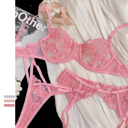 Pink girly lace embroidered bra with underpants summer sexy ultra-thin underwire lingerie underwear set