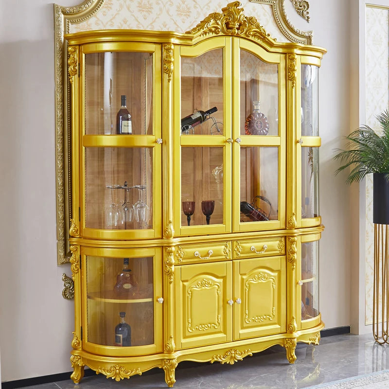 Wine cabinet solid wood four-door multifunctional locker arc high-grade villa decorative cabinet gold living room