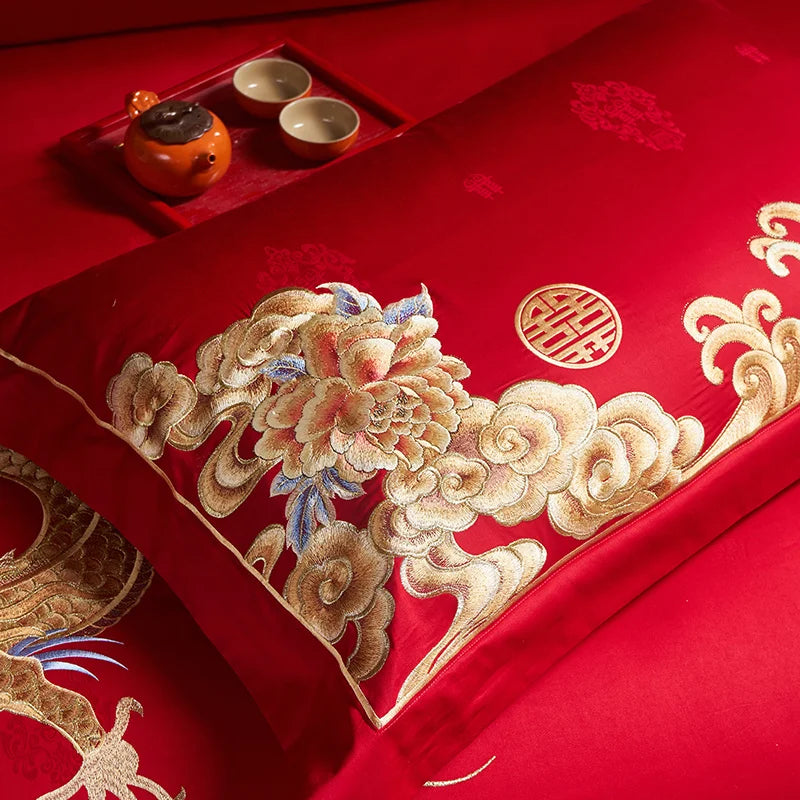 Luxury Gold/Red Loong Phoenix Embroidery Chinese Wedding Tassels Egyptian Cotton Bedding Set Duvet Cover Bed Sheet Pillowcases