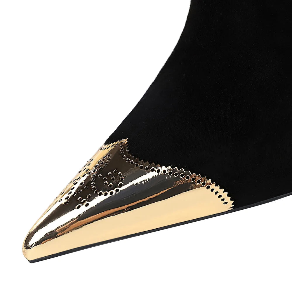 Women Ankle Length Flock Boots Winter Pointed Toe Thin Heels High Heel Shoes Ladies Side Zippper Ankle Boots 173-1