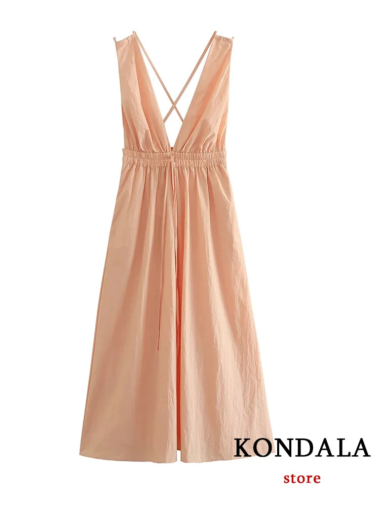 KONDALA Sexy Deep V Neck Loose Long Dress Women Sleeveless Backless Elastic Nylon Dress Fashion 2023 Summer Holiday Dress