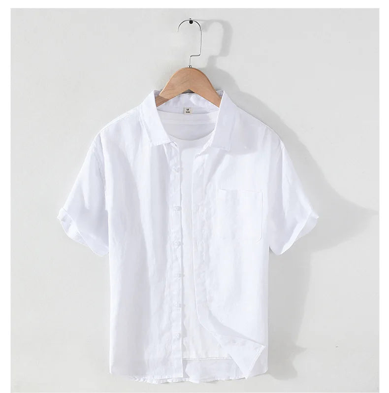 923 100% Linen Men's Summer Fashion Shirt High Quality Solid Color Simple Casual Short Sleeve Blouses Basic Thin Breathable Tops