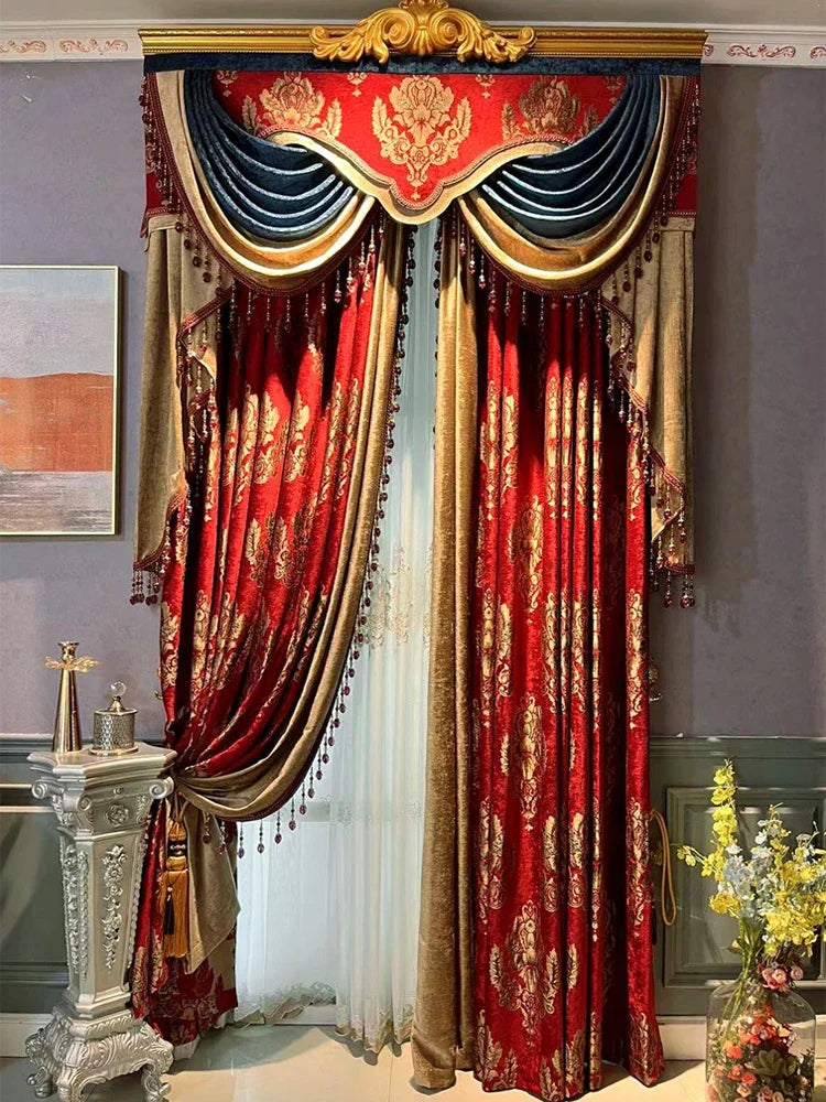 Red Gilded Jacquard Thickened Chenille Patched Curtains for Living Room Bedroom French Window Villa Customization Valance