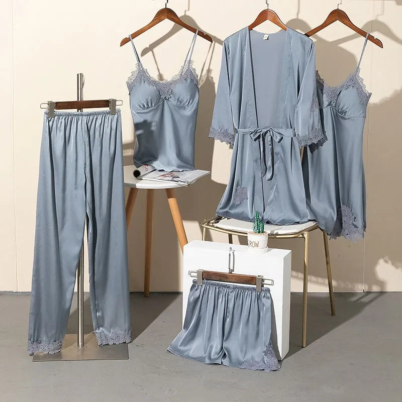 Spring Summer 5PCS PAJAMAS SET Sexy Lace Trim Bath Robe Nightgown Female Satin Cami Pijamas Suit Loose Home Clothes Lounge wear