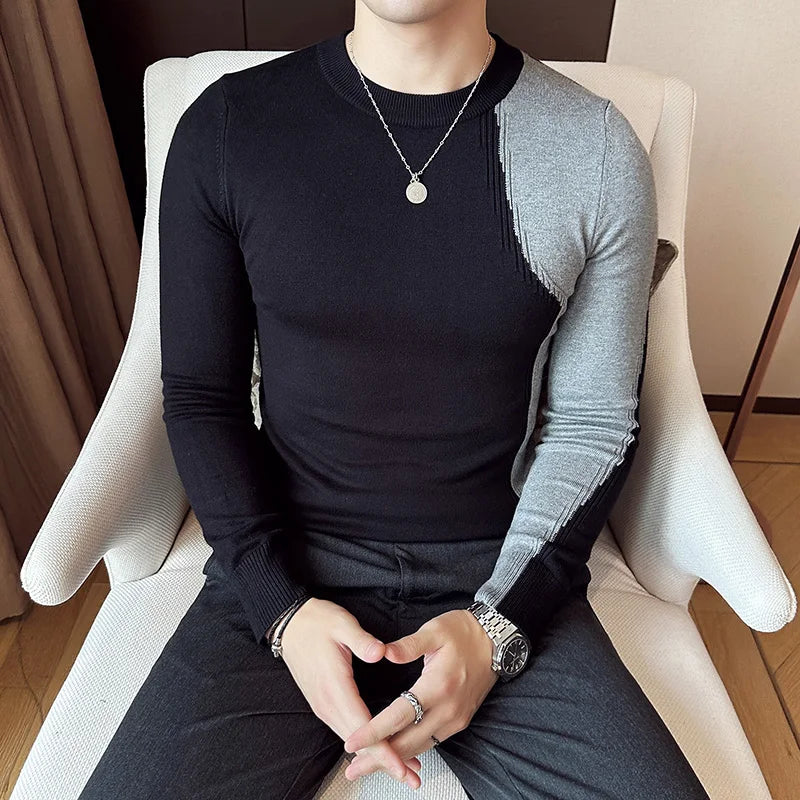 Knitwear Sweater Patchwork Color Long Sleeve Sweaters For Men Korean Luxury Clothing O-Neck Slim Fit Pullovers Pull Homme Sale