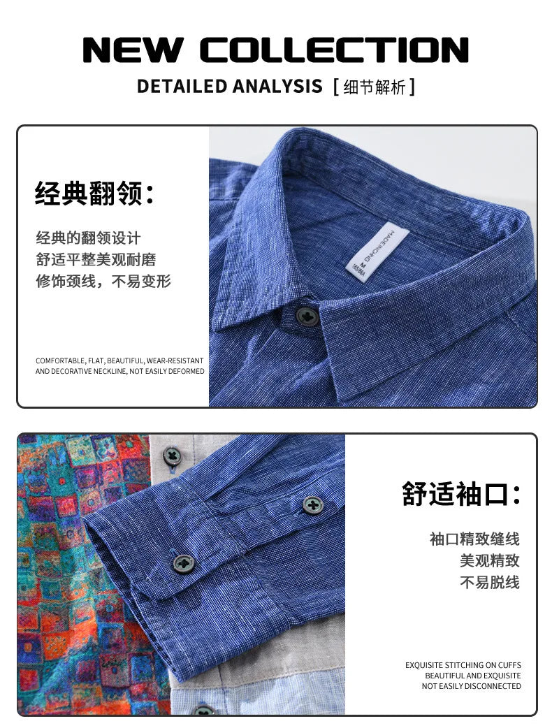100% Linen Yarn-dyed Patchwork Men's Shirts 2024 Spring New Fashion Artsy Blouse for Youth Man Casual Loose Long Sleeve Tops