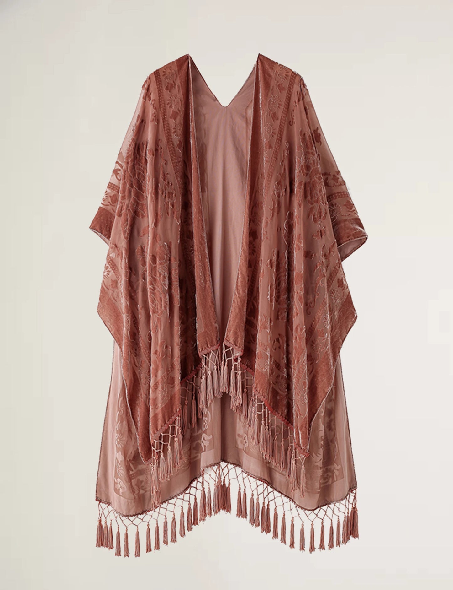 WeHello Burnout Velvet Kimono For Women Luxury Fashion Long Cardigan With Tassel Beach Cover-up Holiday Cardigan Shawl