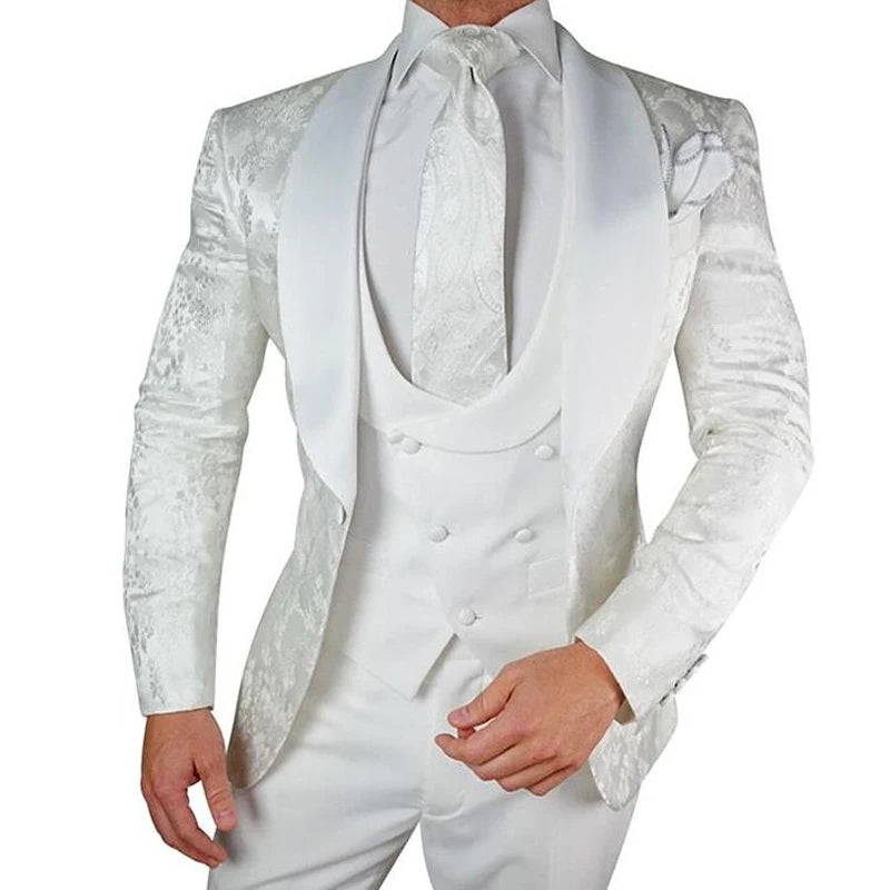 3 Piece White Floral Men Suits for Wedding 2024 Groom Tuxedo Slim Fit Suit Satin Shawl Lapel Custom Male Fashion Costume Homme