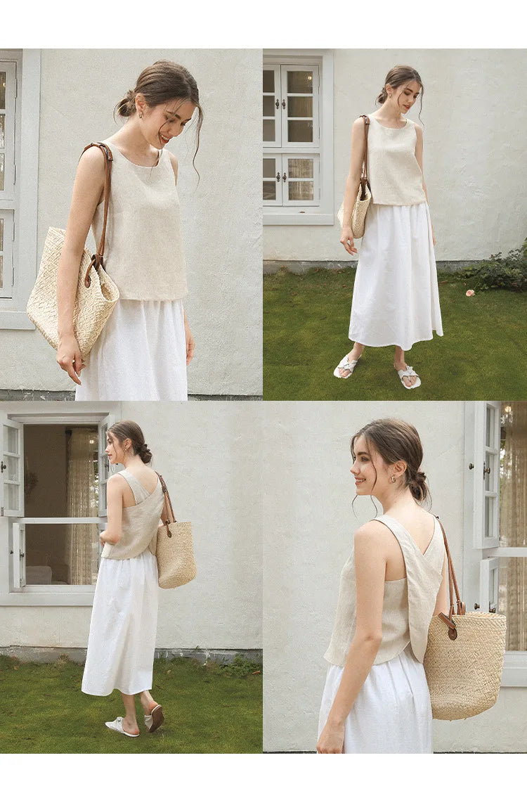 100% Linen Top Women Casual Solid Back Cross Patchwork Tank Top Summer Tops Haut Femme Women'S Clothing Offer Free Shipping