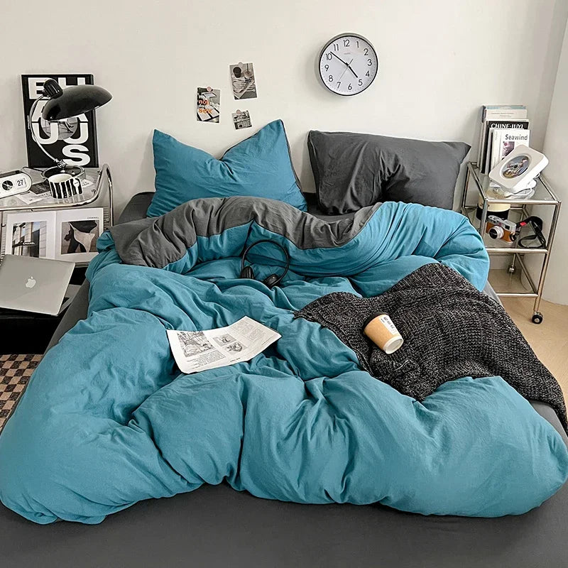 Solid Color Duvet Cover Set 100% Washed Cotton Bedding Set Super Soft Comfortable Lightweight Comforter Cover with 2 Pillowcases