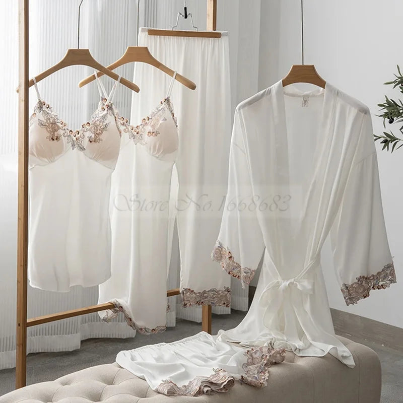 Spring Summer 5PCS PAJAMAS SET Sexy Lace Trim Bath Robe Nightgown Female Satin Cami Pijamas Suit Loose Home Clothes Lounge wear