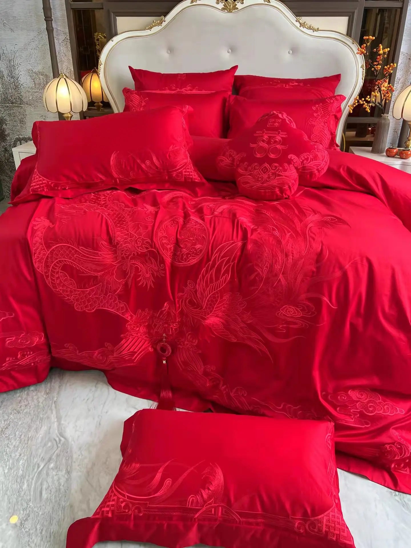 160 Thread Count Long Staple Cotton Embroidered Wedding Four Piece Set of Joyful Red Wedding Bedding Products