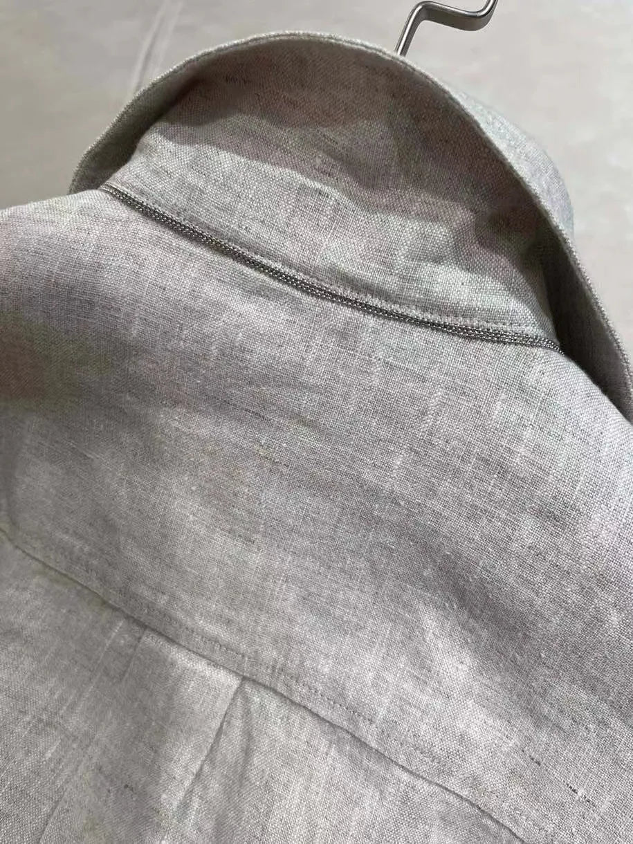 Women 100% Linen Rompers Front Buttons Short Sleeve Turn-down Collar Solid Color Elegant Jumpsuits