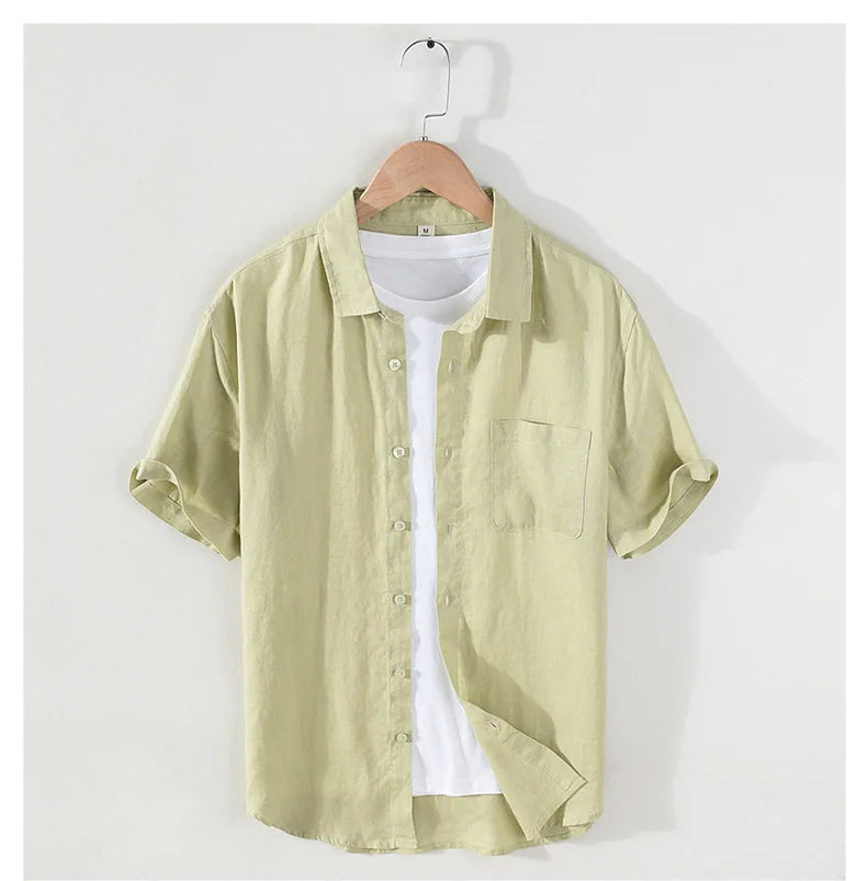 923 100% Linen Men's Summer Fashion Shirt High Quality Solid Color Simple Casual Short Sleeve Blouses Basic Thin Breathable Tops