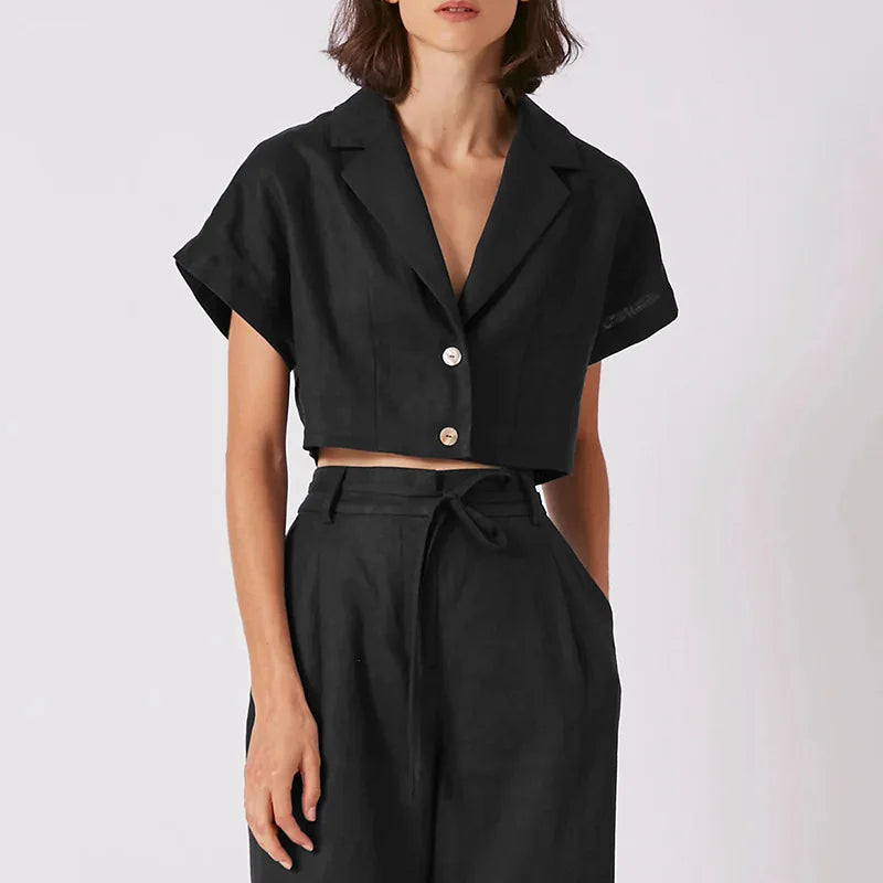 100% Linen Women'S Shirt Vintage Notched Collar Short Sleeve Button Up Shirts Elegant Fashion Woman Blouses 2024 Blusas Feminina