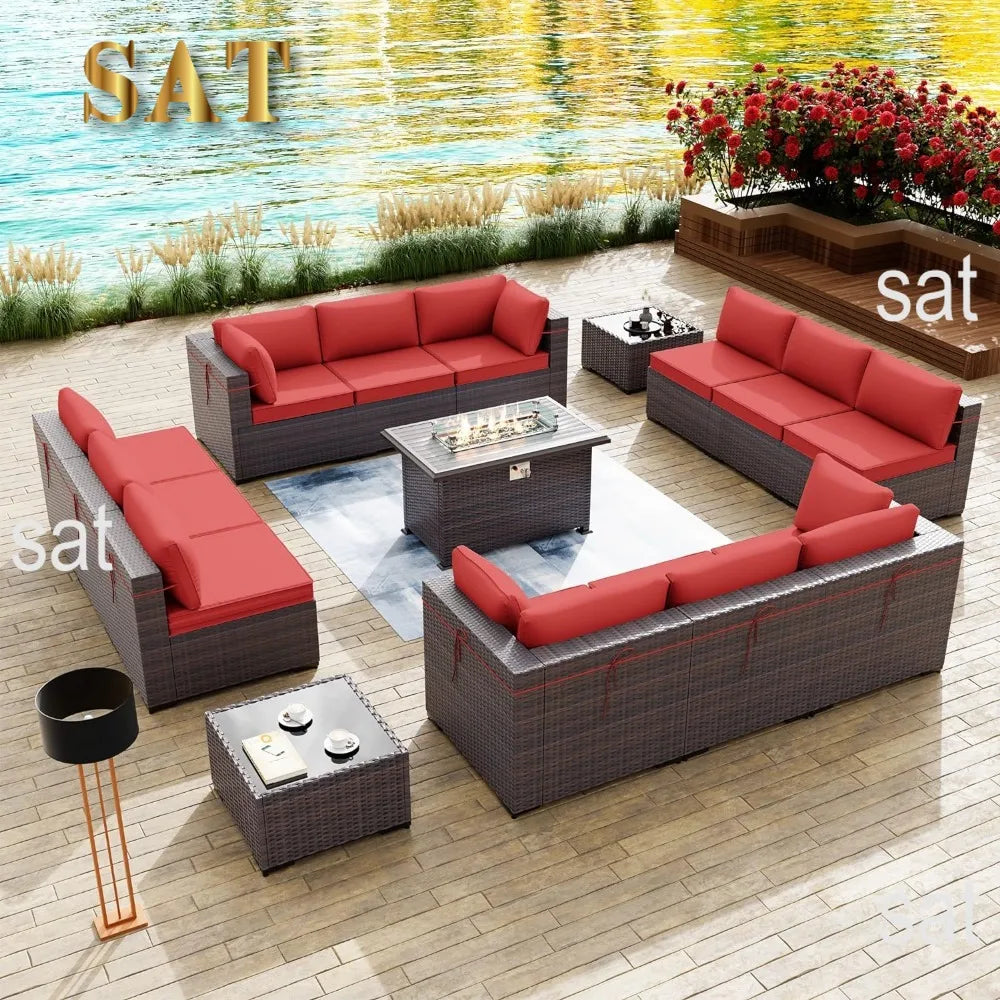 15Pieces Outdoor Patio Furniture Set with 43" Gas Propane Fire Pit Table PE Wicker Rattan Sectional Sofa Patio Conversation Sets