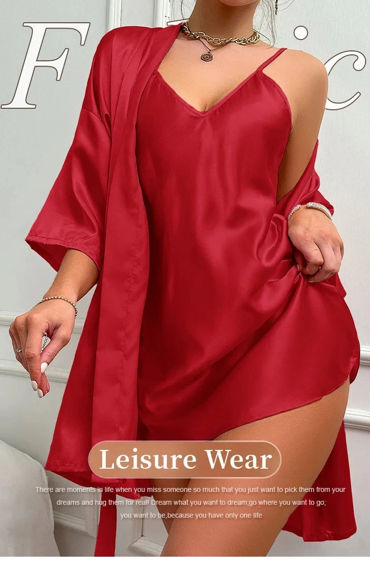 Silk Satin Women Nightgown Set Sleeveless V Neck Dress & Quarters Sleeves Waist Belt Robe 2 Pieces Female Sleepwear Nightwear