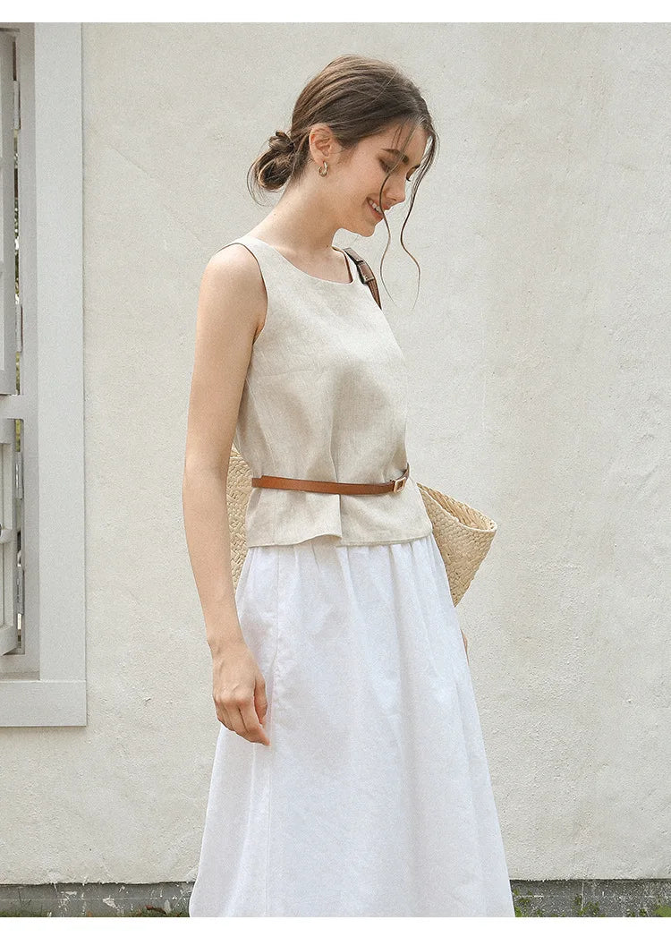 100% Linen Top Women Casual Solid Back Cross Patchwork Tank Top Summer Tops Haut Femme Women'S Clothing Offer Free Shipping