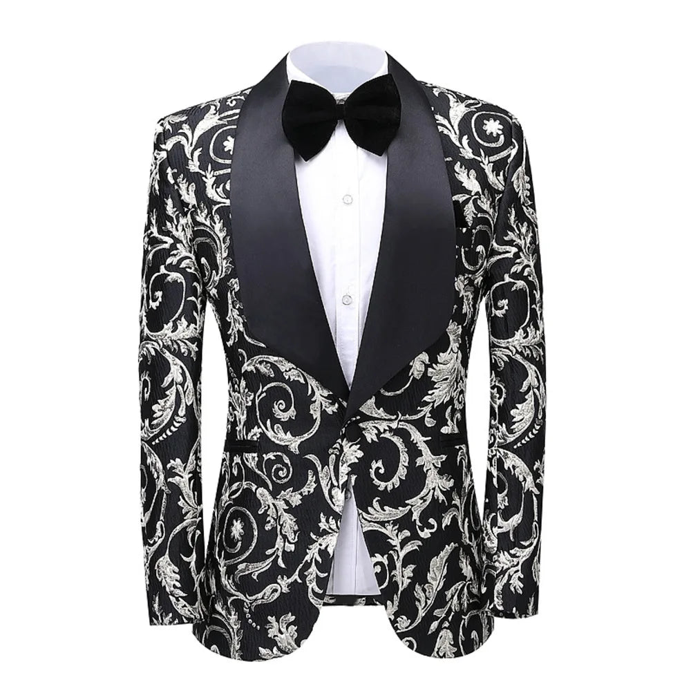 2-Piece Men's Printed Single Row One Button Suit Slim Korean Formal Dress For Groomsmen Wedding Clothing (Blazer+Pants)